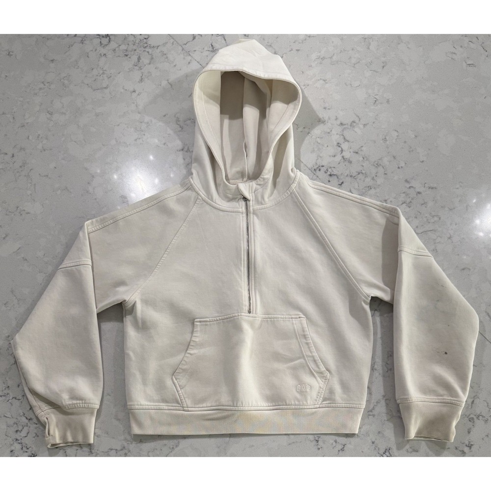 GAP Kids Hoodie Girls XXL 14-16 Ivory Half Zip Fleece Hooded Sweatshirt